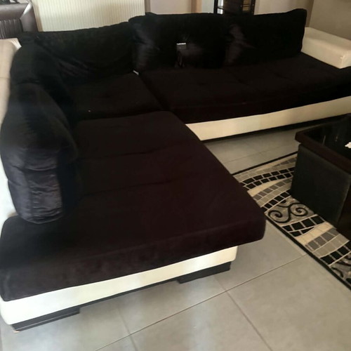 Corner sofa set black velvet with white faux leather and black velvet armchair