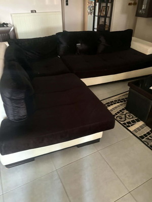 Corner sofa set black velvet with white faux leather and black velvet armchair