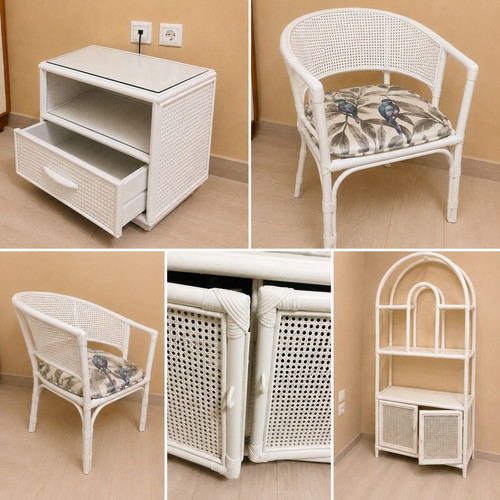 Boho furniture set from bamboo and rattan used, shelf, armchair, 2 nightstands