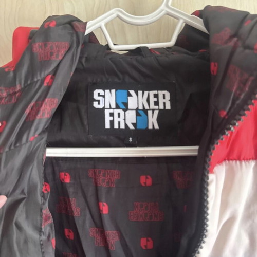 Windbreaker jacket used, black with red and white stripes, hooded