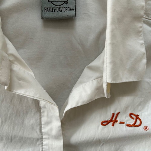 HARLEY-DAVIDSON, No, L, women's shirt, white elastic fabric, three-quarter sleeve.