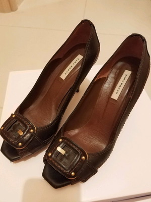 Peep toe πέδιλο δερμάτινο καφέ σκούρο Zara μεταχειρισμένο, 10 πόντο, νούμερο 38