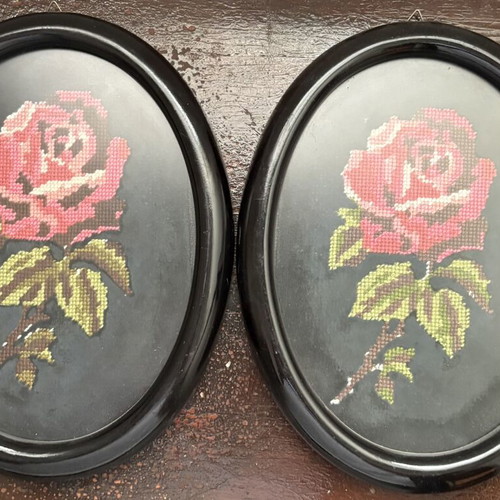 Set of 2 Vintage Oval Frames with Handmade Rose Embroidery