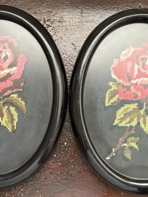 Set of 2 Vintage Oval Frames with Handmade Rose Embroidery