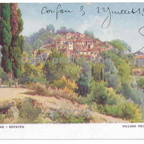 Corfu Pelekas Village vintage postcard used, 1910s panoramic view