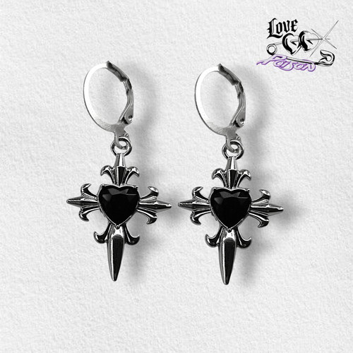 Love X Poison Handmade Stainless Steel Silver Hoop Earrings with Gothic Cross and Black Hearts
