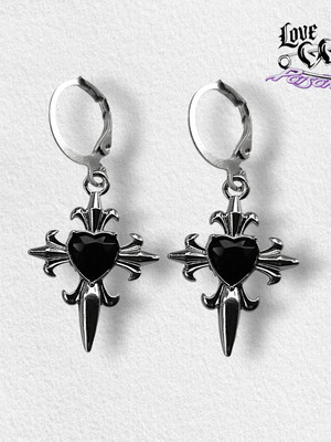 Love X Poison Handmade Stainless Steel Silver Hoop Earrings with Gothic Cross and Black Hearts