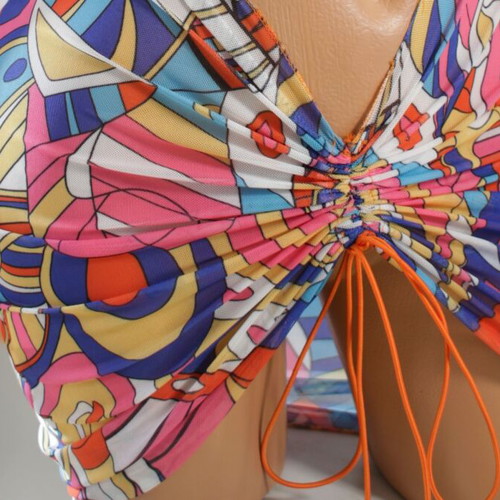 Beachwear set with bikini and fitted bodycon dress in psychedelic pattern new