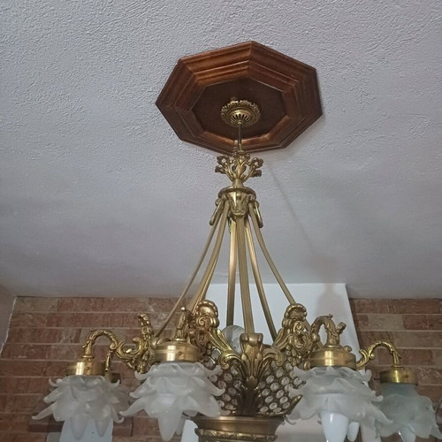 Vintage chandelier with bronze frame and 6 opaline shades new