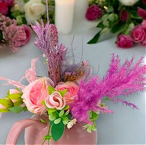 Τσαγιέρα Κεραμική Με Υφασμάτινα Και Αποξηραμένα Λουλούδια Σε Ροζ Αποχρώσεις!