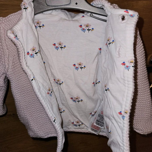 Baby cardigan thick 3-6 months like new, pink with ears on hood