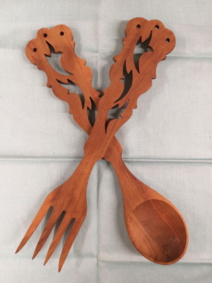 Wooden carved decorative spoon and fork pair vintage