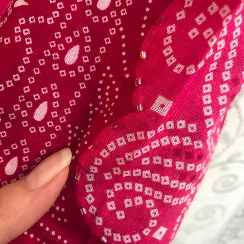 Large scarf like new, burgundy fuchsia pink with flowers and beads, cotton