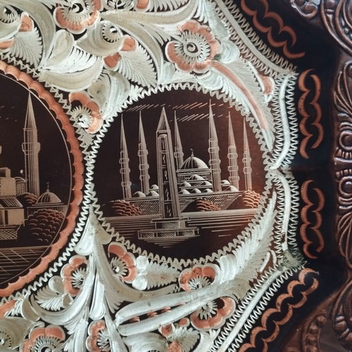 Copper serving tray used with Istanbul landmarks and floral designs