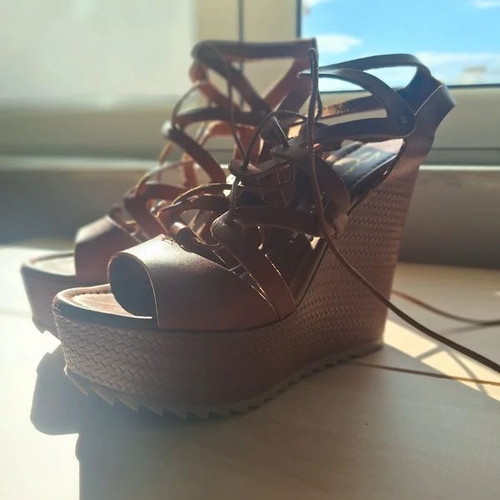 Mourtzi Tan Brown Genuine Leather Wedge Sandals Platform Size 37 Like New