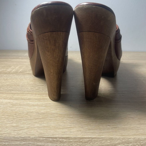 Yves Saint Laurent brown leather wooden platform mules used