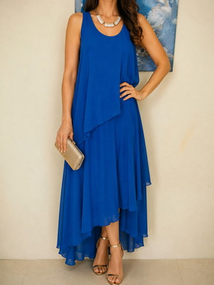 Exclusive blue dress made of chiffon with golden neckline, new