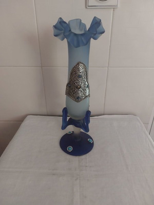 Arabic handmade vase used, 1940s-50s, natural glass with silver decorations