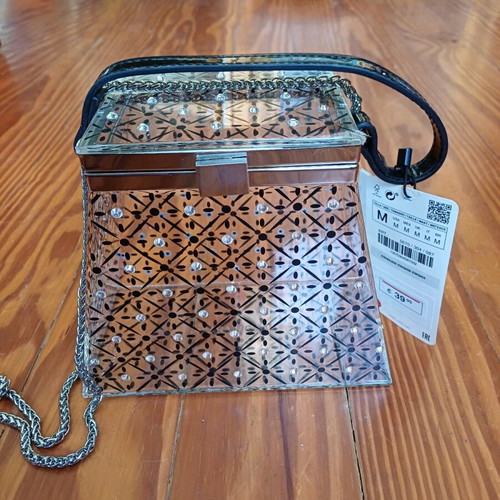 Zara shoulder bag plastic transparent with chain and rhinestones new, black and silver