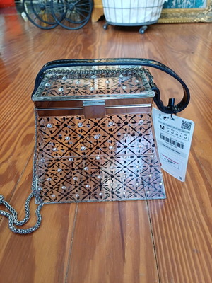 Zara shoulder bag plastic transparent with chain and rhinestones new, black and silver