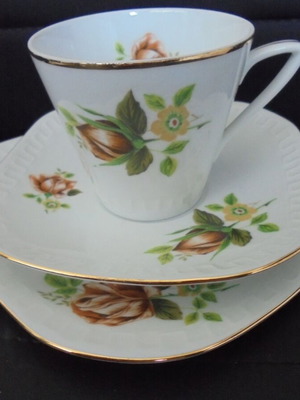 Wawel Poland vintage porcelain triple set used, floral decor, gilded
