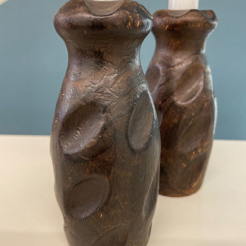Handmade wooden candlesticks set of 2, like new, dark wood