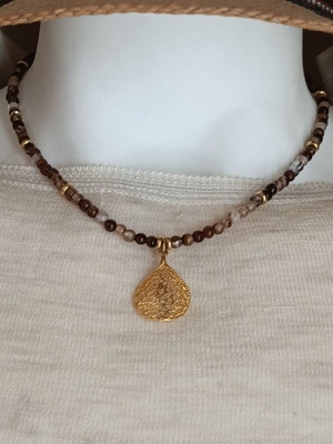 Gold plated stainless steel necklace handmade new, brown and gold