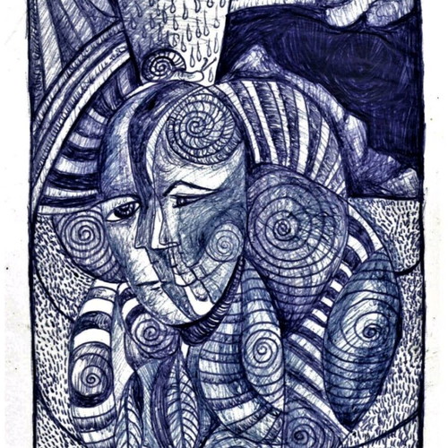 The Snail Drawing on Paper with Blue Pen