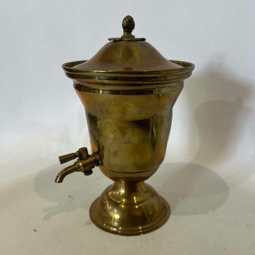 Vintage brass amphora with tap and lid, rustic decoration