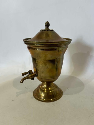 Vintage brass amphora with tap and lid, rustic decoration