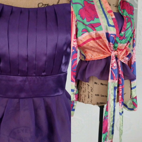 Satin shirt set with tie and bell sleeves like new, multicolor