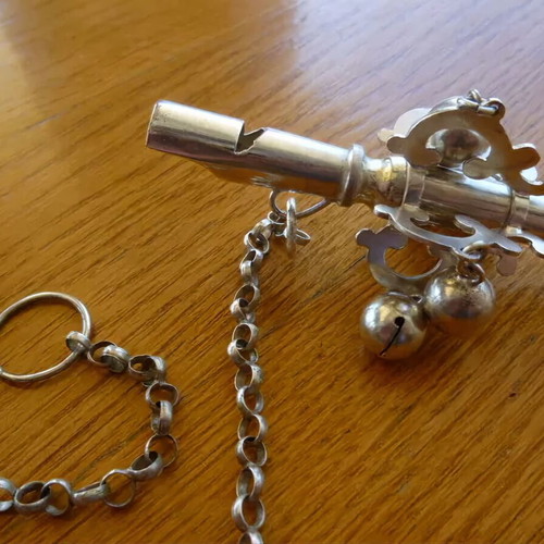 17th Century Dutch Antique Silver Baby Rattle Whistle used
