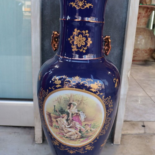 Large German Porcelain Floor Vase Cobalt Blue with Gold Decoration and Romantic Scene
