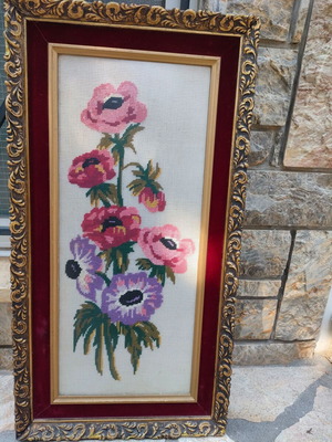 Vintage framed textile painting used with romantic embroidery and velvet frame