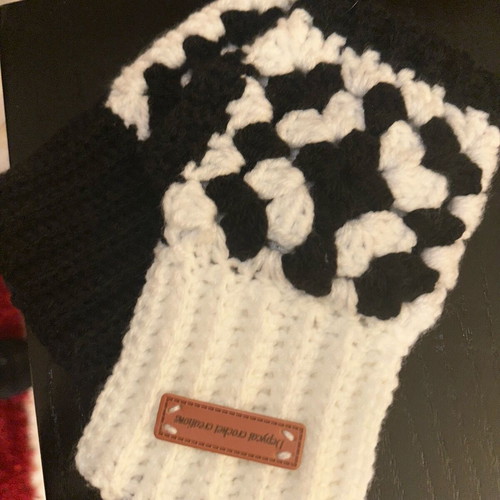 Knitted handmade fingerless gloves black and white with granny square design made to order