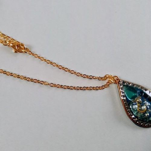 Handmade necklace blue and gold with pearl and rhinestones, new
