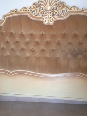 Antique bed used, wood in good condition, fabric stained