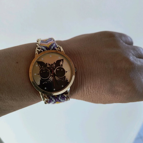 Wristwatch like new with handmade colorful strap and cat dial