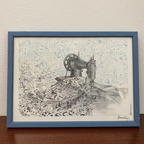 Original handmade ink and pencil drawing on paper signed like new