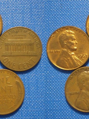 United States America 1 Cent coins used, pack of 5