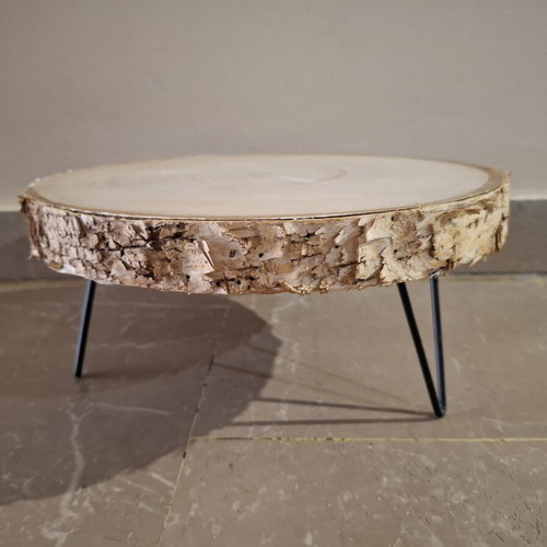 Handmade low stand serving platter with natural wood slice and metal hairpin legs