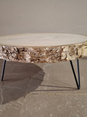 Handmade low stand serving platter with natural wood slice and metal hairpin legs
