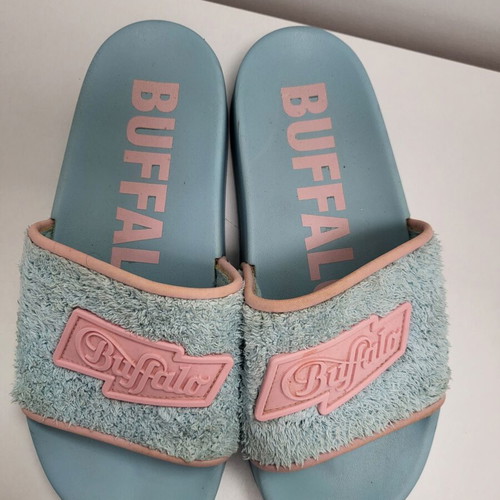 Buffalo slides used, blue with pink logo, terry cloth