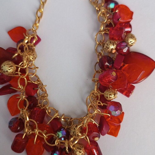 Summer bracelet with red charms, gold, handmade