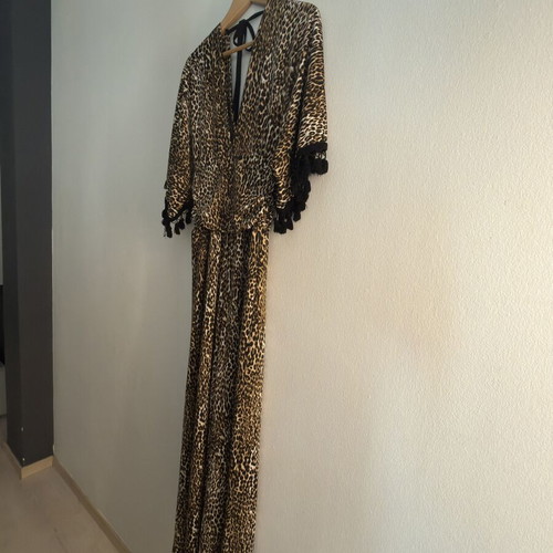 A-Style leopard print jumpsuit with black tassels, one size