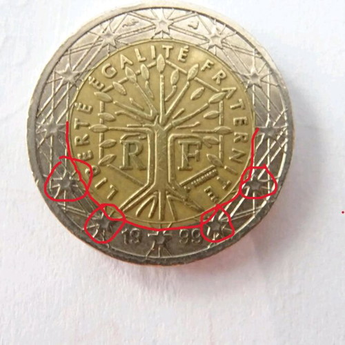French 2 euro coin 1999 like new, cutting errors, vintage