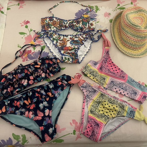3 girls' bikinis for 9 years old with free straw hat