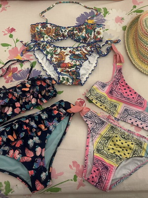 3 girls' bikinis for 9 years old with free straw hat