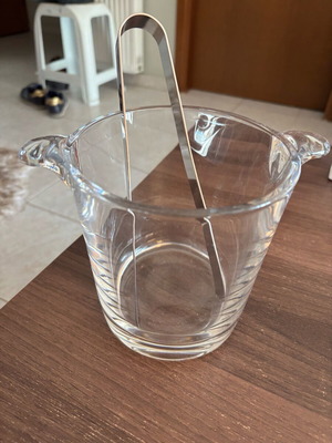 Glass ice bucket like new with metal tongs