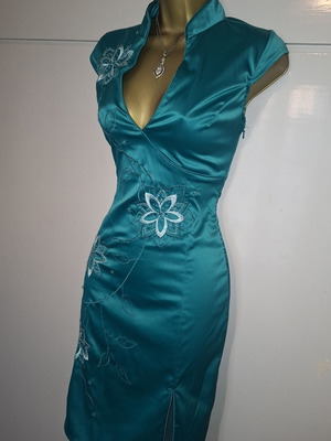 Jane Norman Oriental dress turquoise green size S 10 38